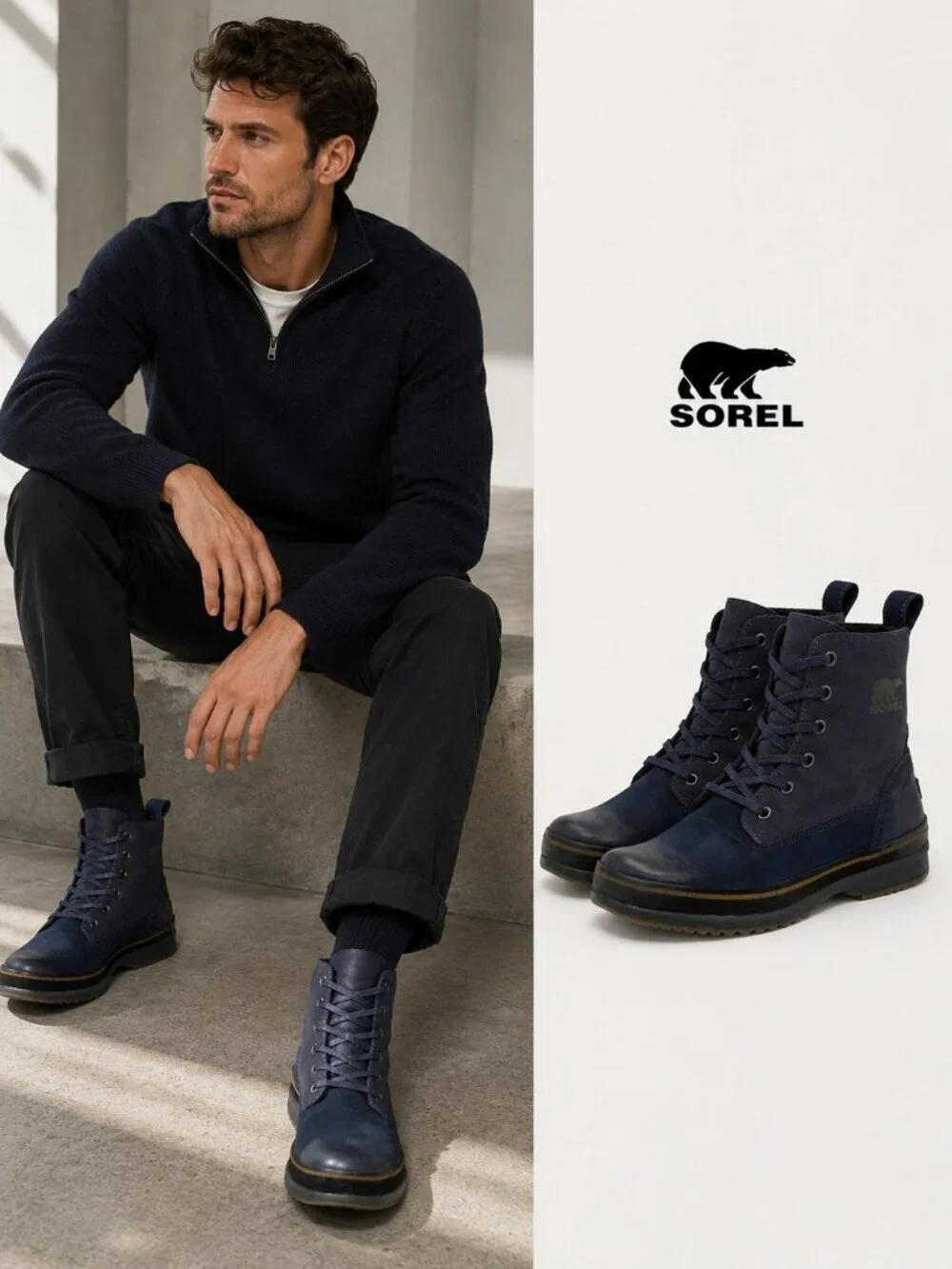 Sorel Woodbine Surplus NM1783 Men's Boots Size 13 Navy Leather Canvas Lace Up